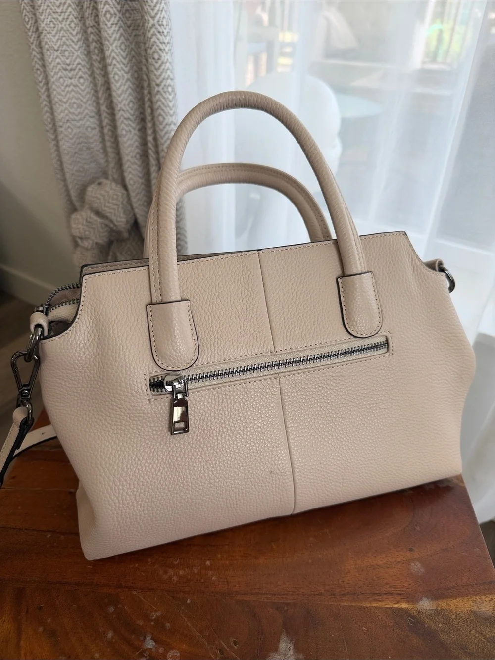 Structured Pebble Leather Satchel in Light Beige with Adjustable Strap